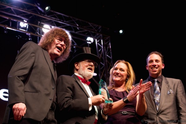 OMHOF founders and board members Terry Currier and Janeen Rundle flank new inductee Dr. Demento with host Tony Starlight (right) at the 2014 ceremony