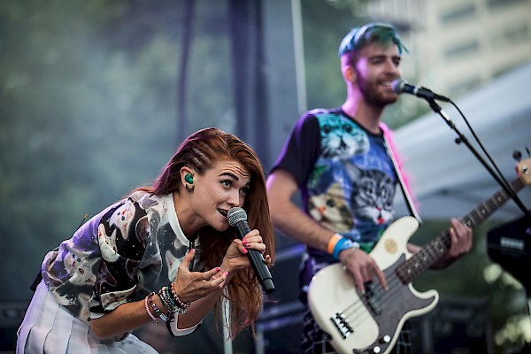 MisterWives all catted up for day one of MusicfestNW on August 21, 2015—click to see a whole gallery of photos by Sam Gehkre