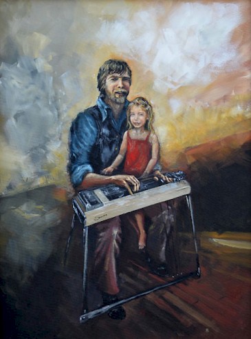 A dad can dream she’ll grow up to play pedal steel: Clampitt and Harbor. Painting by Adam Burke