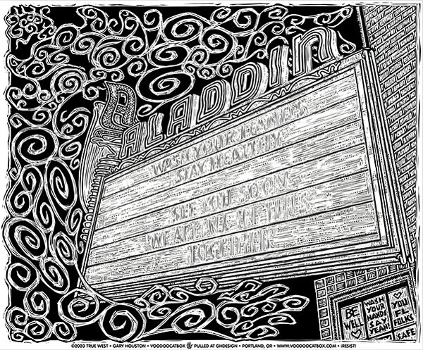 Gary Houston's work-in-progress scratchboard turns into 200 screen-printed posters documenting the Aladdin Theater’s marquee, for sale via the venue’s online store—click to learn more about his process