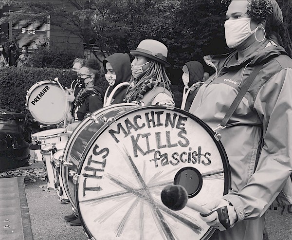 The Frontline Drumline are the heartbeat of the revolution, reminding us that Black joy, in itself, has always been a form of active resistance. The BIPOC-led collective of anti-fascist drummers provide rhythm and focus to the Portland-area marches, rallies and protests that have dominated the media in 2020. Pictured from right to left: Bandleaders Mal, Ray, Scot, Dominique: Photo by Faith Faucet